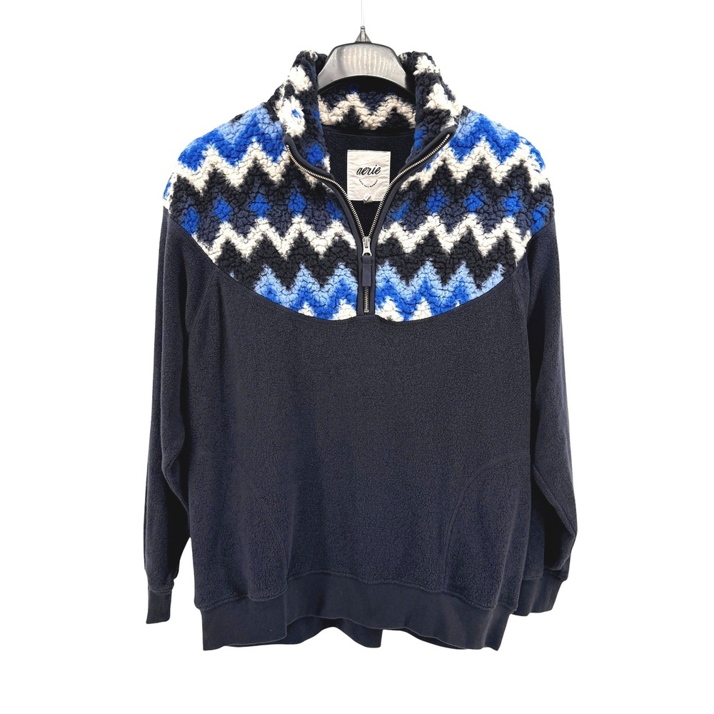 Aerie 1/4 Zip Pullover Womens Small Fleece Navy Blue Chevron Sherpa Yoke Holiday